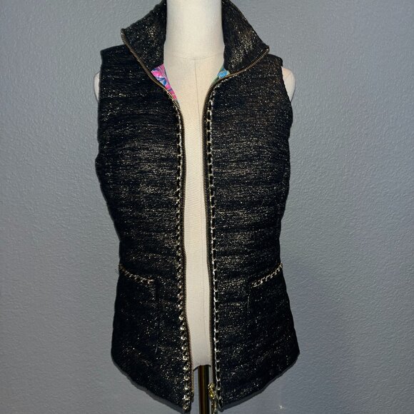 LILLY PULITZER NOELLA DOWN VEST BLACK & GOLD FULL ZIP COLORFUL LINING - NWT - S - Picture 1 of 16